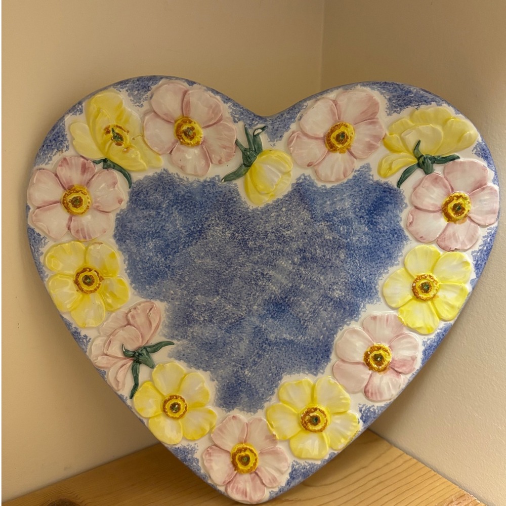 Ancora Heart Shaped Ceramic Plate Hand Painted Made In‎ Italy Floral Decor Blue